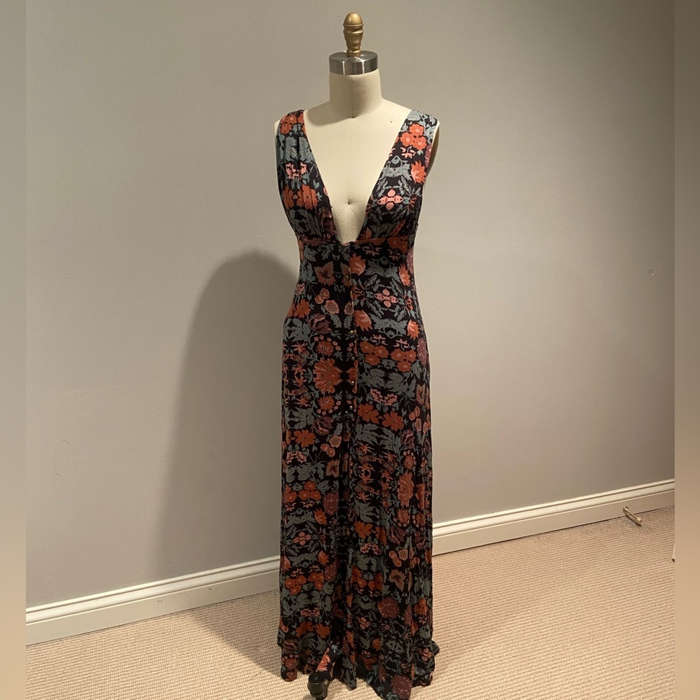 Free People Black Maxi Dress with Rust Floral Print